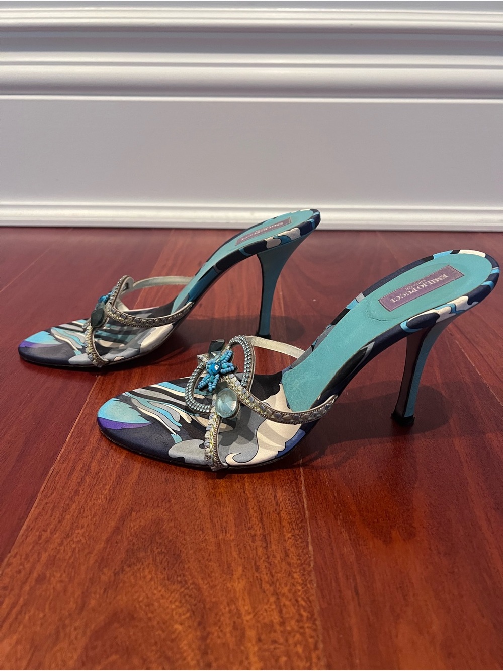 Emilio Pucci Vintage Y2K Blue Starfish Jewel Heel Mules 37